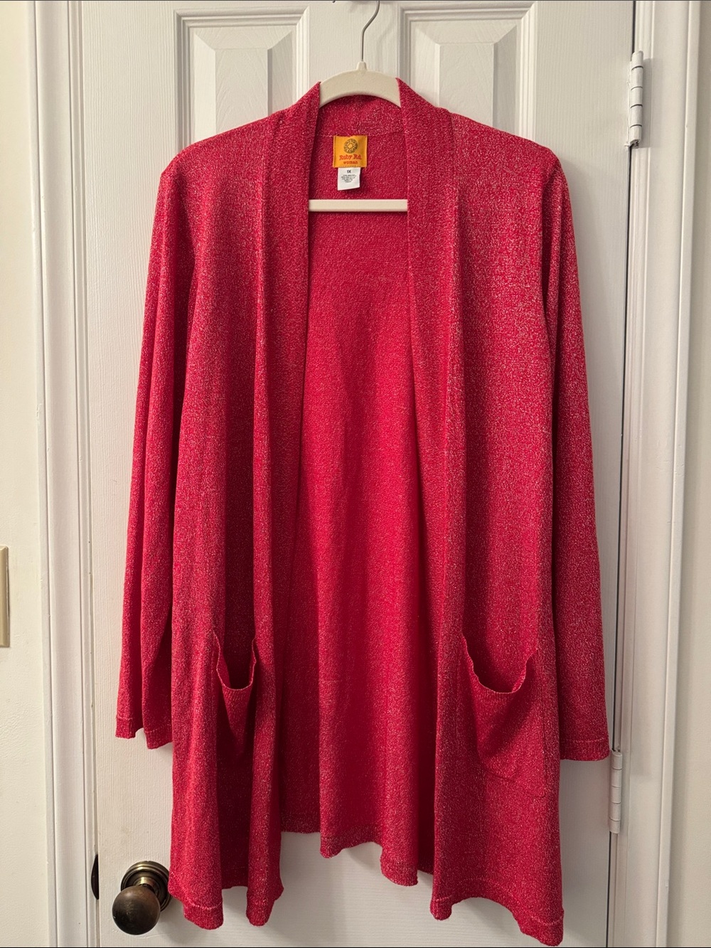 Ruby Rd. Shimmery Red Open-Front Cardigan